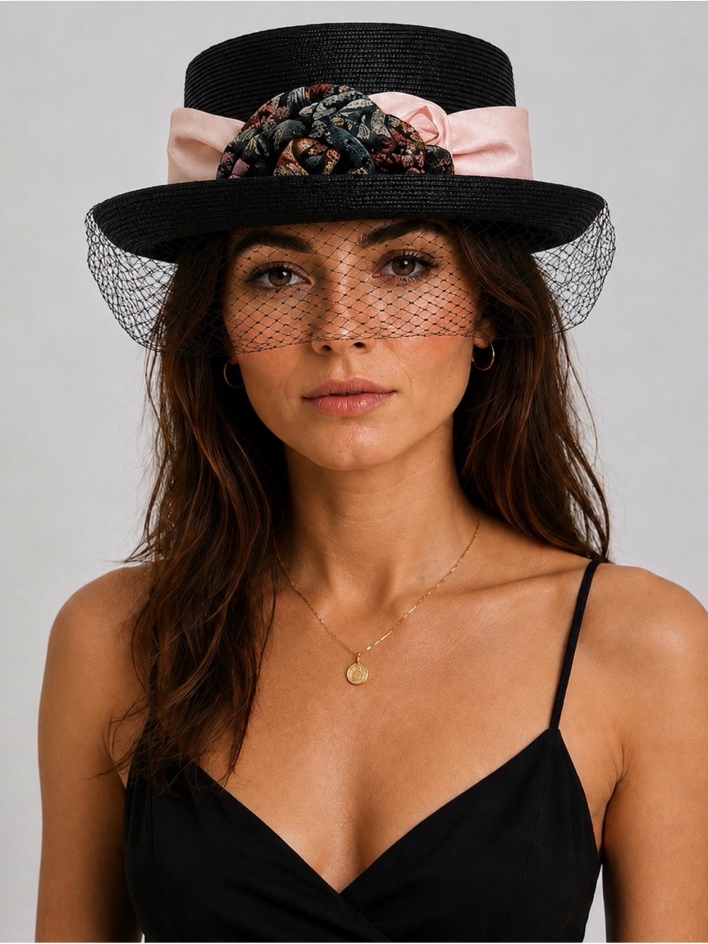 Vintage Whittall & Shon Black Straw Boater Hat Veil Floral Ribbon Black 22.5”